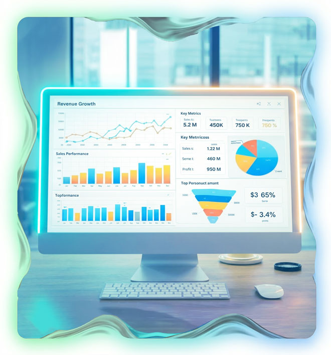 Profissional de dados analisando dashboards analíticos em laptop moderno