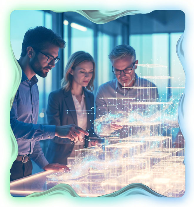 Equipe de inovação digital colaborando em quadro de estratégia de produto